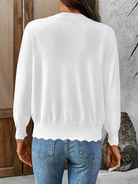 Lightweight Scalloped Edge V-Neck Knit Cardigan: White