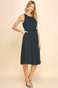 Sleeveless Pleated Midi Dress in Ink