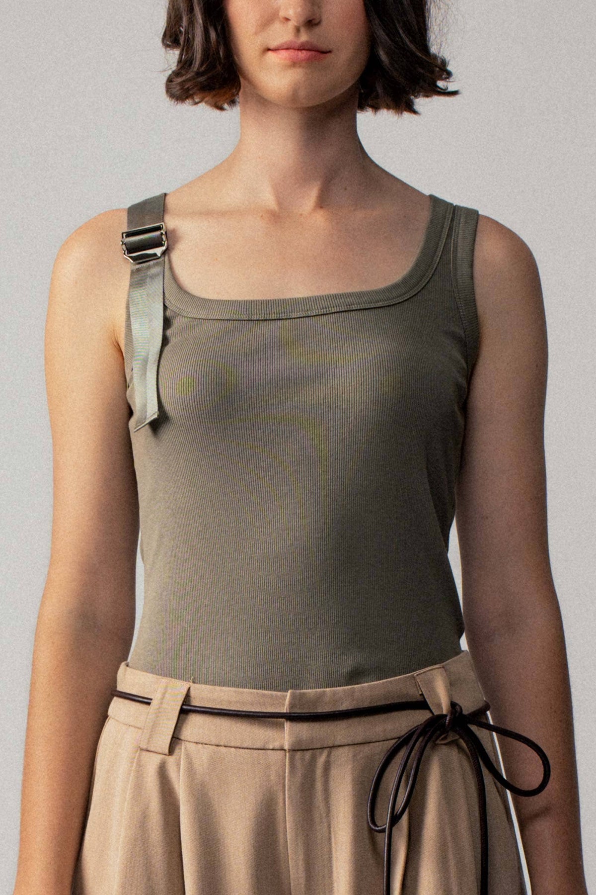 Ribbed Knit Tank Top with Buckle Strap in Olive