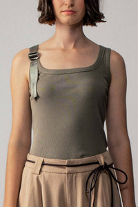 Ribbed Knit Tank Top with Buckle Strap in Olive