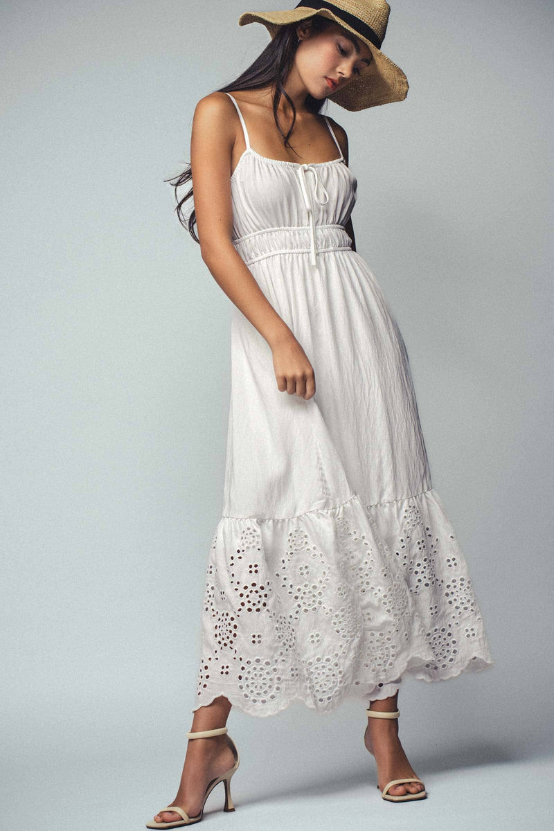 Embroidered Tie-Front Maxi Dress in White