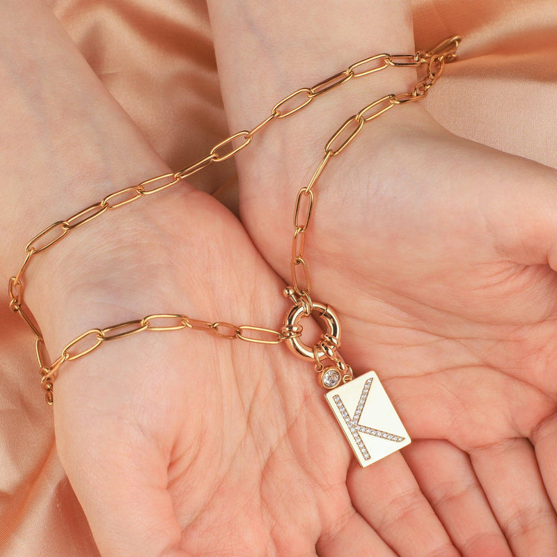 K Initial Necklace with Paperclip Chain: 18k Gold Plated