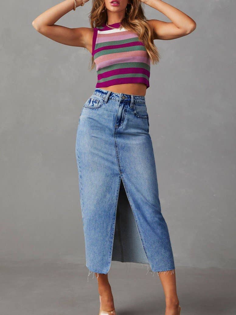 Slit Denim Midi Skirt in Light Blue