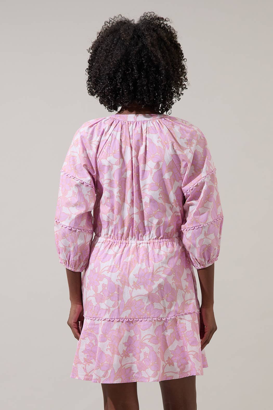Daney Floral Dabria Split Neck Mini Dress: PINK-CREAM
