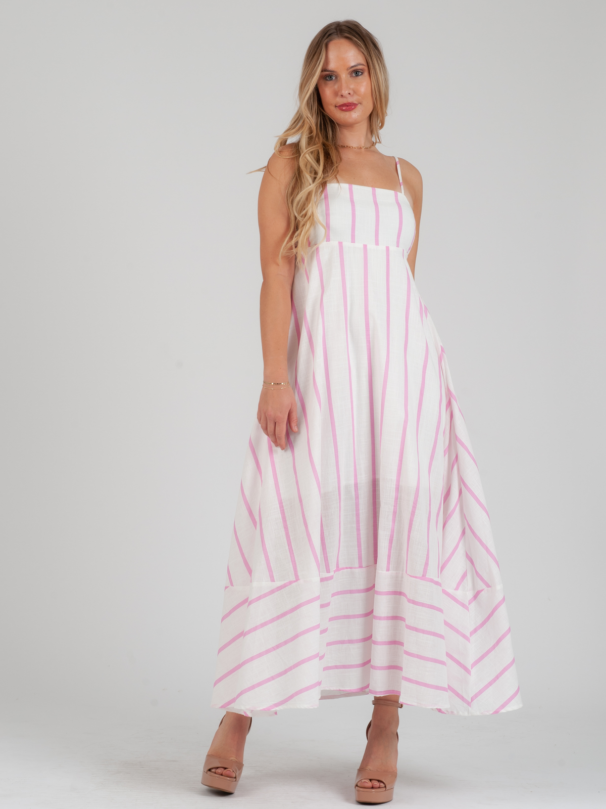 Women's Linen Pink Striped Maxi Strap Dress