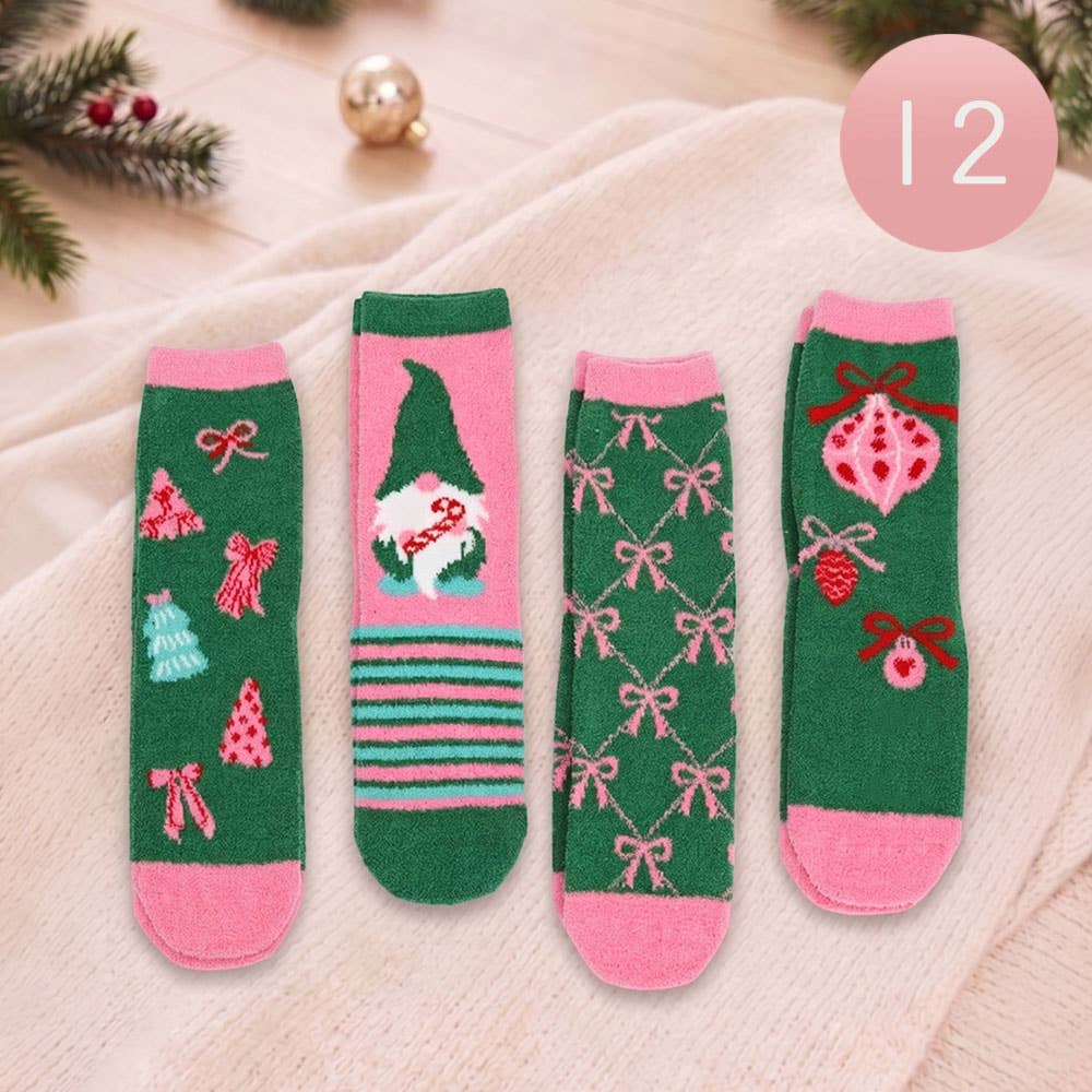 12Pairs - Cozy Fuzzy Christmas Pattern Soft Socks