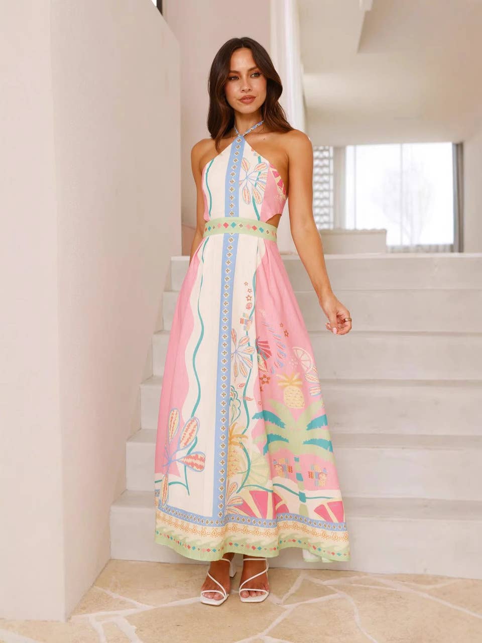 Halter Long Hollowed Waist Dress in Pink