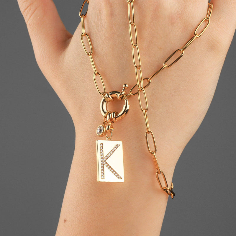 K Initial Necklace with Paperclip Chain: 18k Gold Plated