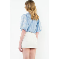 Embroidered Puff Sleeve Striped Top in Blue