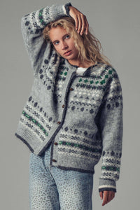 ** Nordic Pattern Button-Up Knit Cardigan: GREY / S/M-3:M/L-3