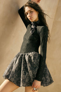 Sheer Lace Drop-Waist Bubble Mini Dress in Black