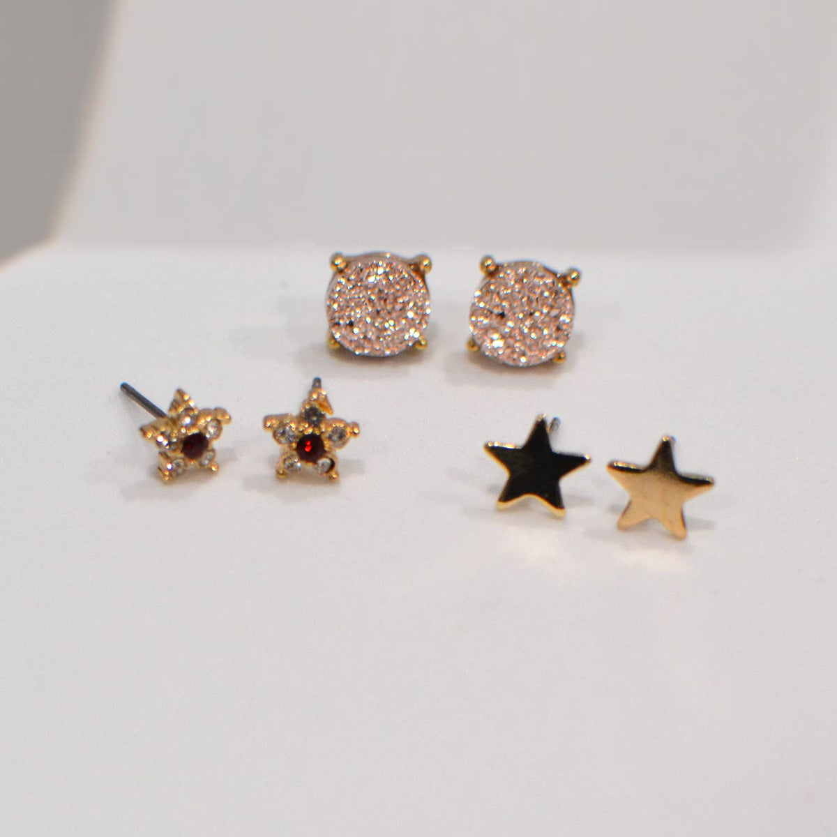 3 Pairs Small Stud Star with Stone/Metal Star/Druzy Earrings: Rose Gold