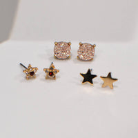 3 Pairs Small Stud Star with Stone/Metal Star/Druzy Earrings: Rose Gold