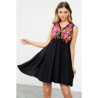 Sleeveless Dress With Floral Embroidery in Black