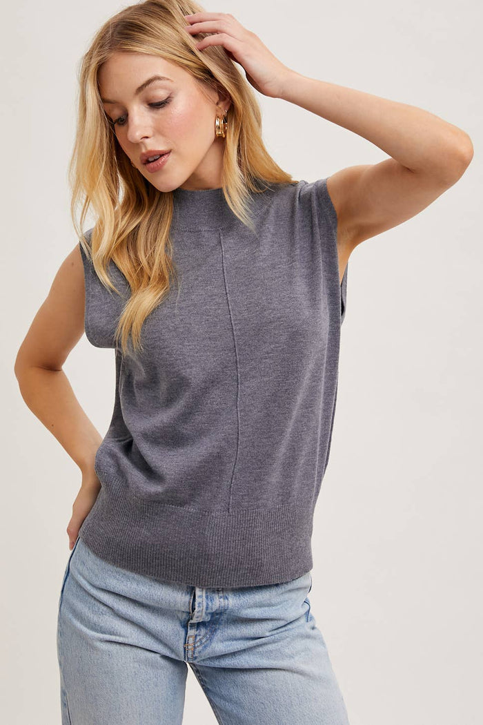 Mock Neck Knit Sleeveless Top in Grey