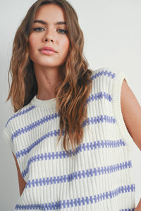 Crew Neck Striped Knit Tank Top in Ivory and Green