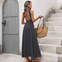 Polka Dot Open Back Tie Sleeveless Maxi Dress for Women