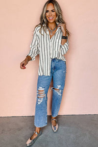 Oversized Button Up Shirt in Black Stripe