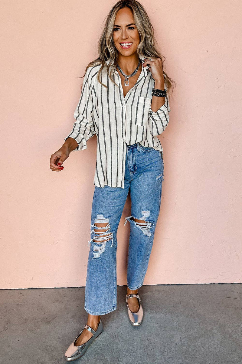 Oversized Button Up Shirt in Black Stripe