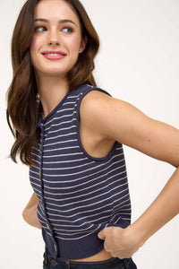 Striped Raw Edge Button-Down Cardigan Vest in Navy