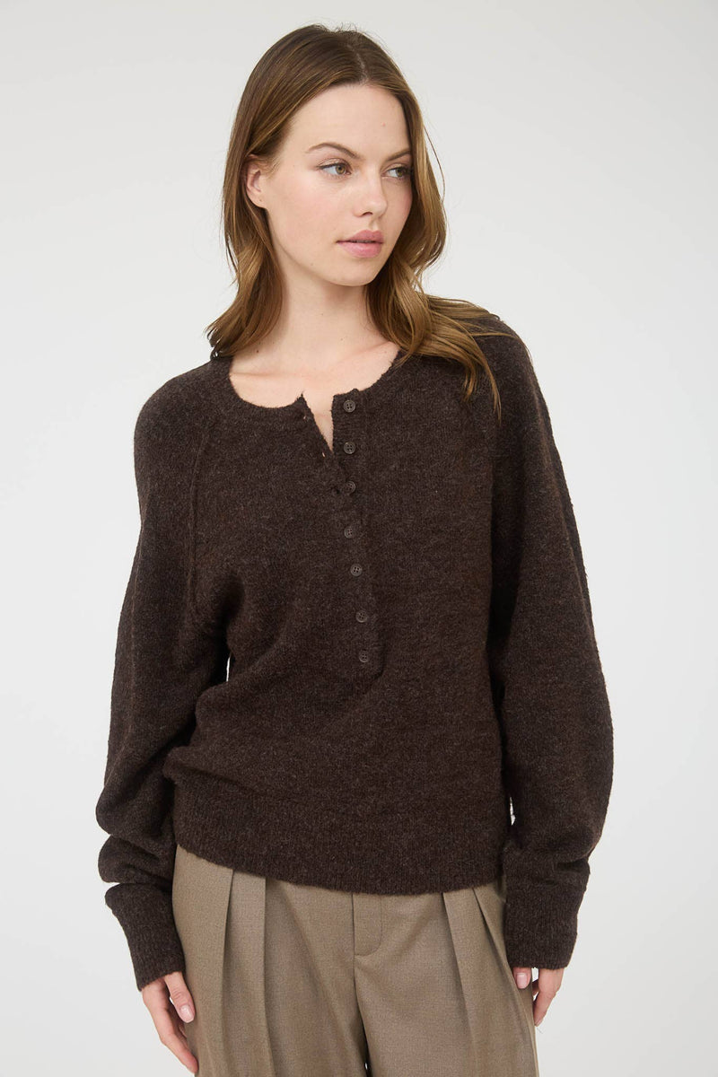 Lightweight Henley Knit Sweater in Brown