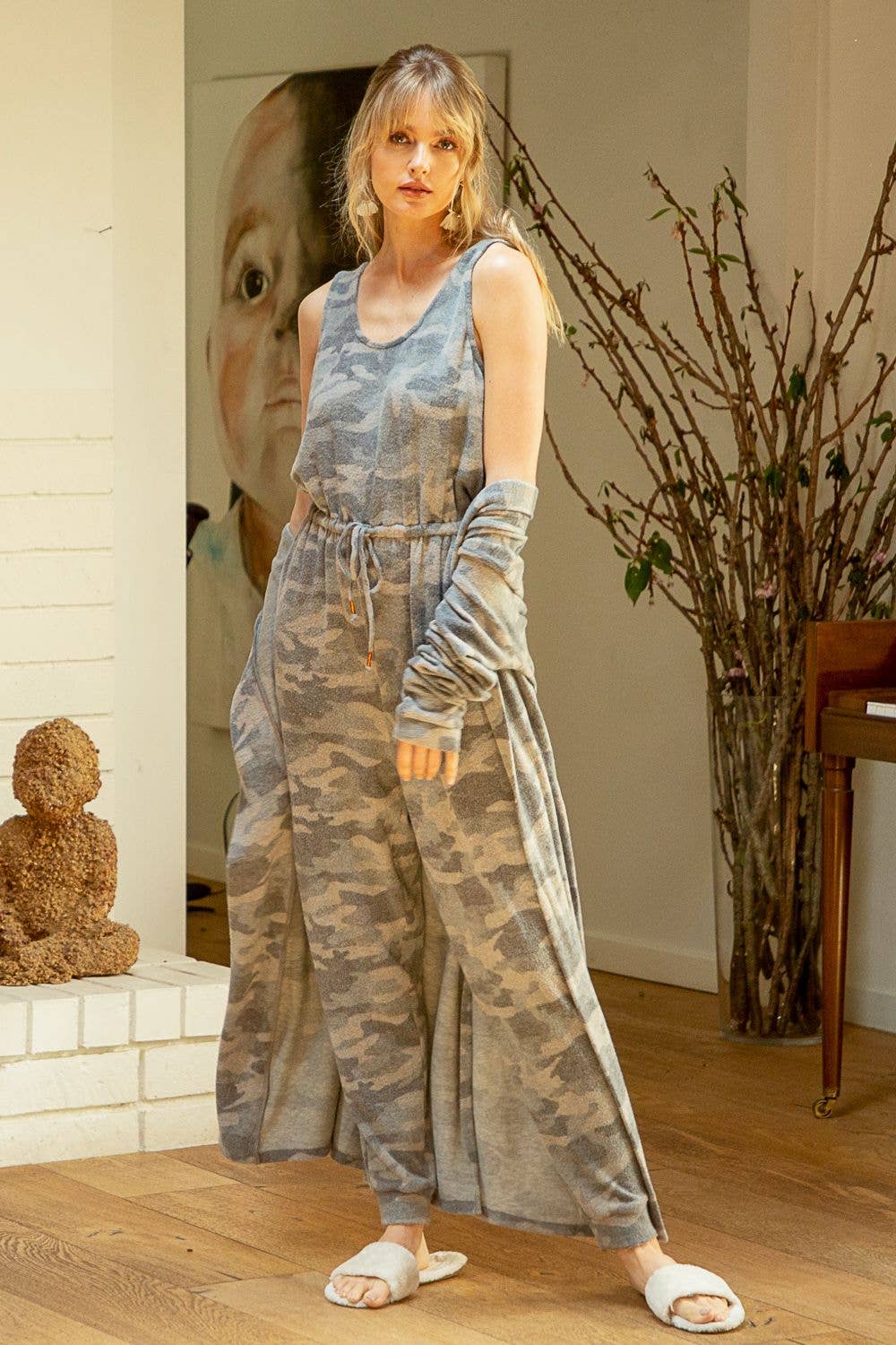 Tie-Waist Long Cardigan in Grey Camo