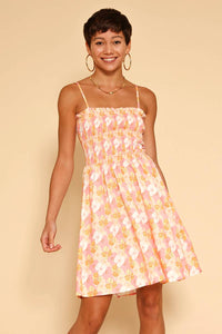 Smocked Floral Mini Dress Pink