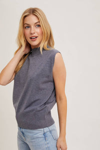Mock Neck Knit Sleeveless Top in Grey