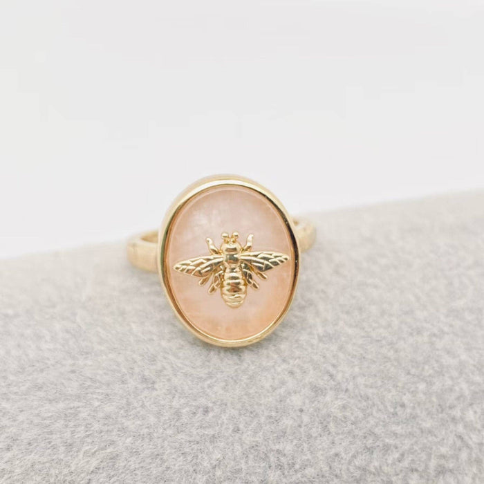 Natural Stone Golden Bee Adjustable Ring, Powder Crystal