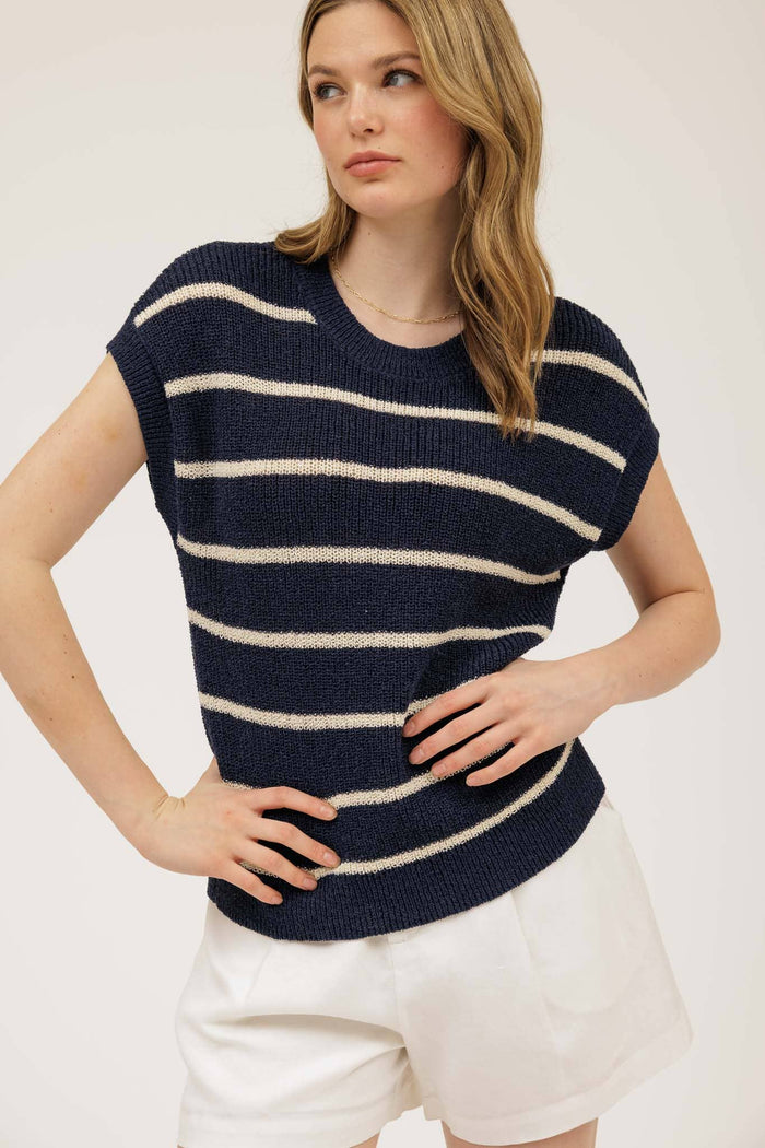 Striped Short Sleeve Knit Sweater in Navy