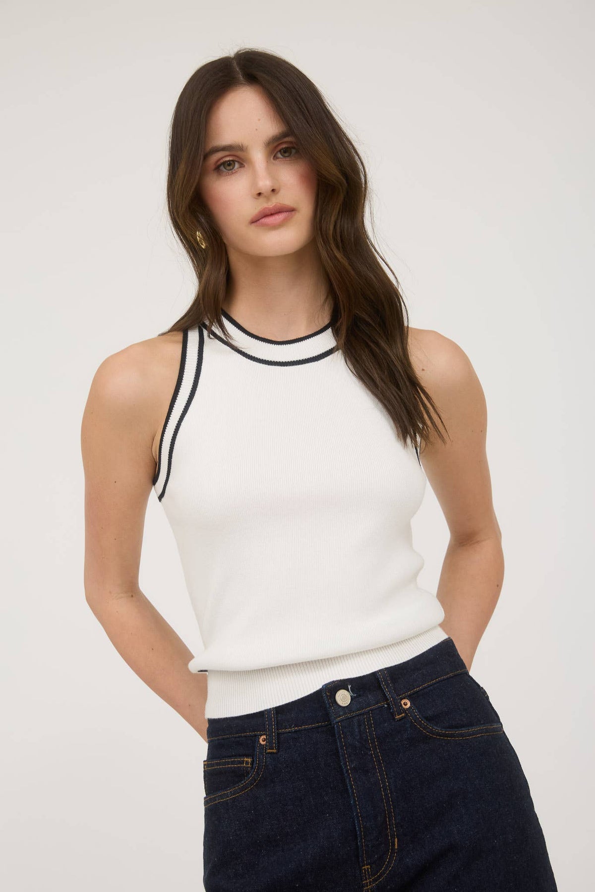 Contrast Stripe Sweater Knit Halter Top in Ivory