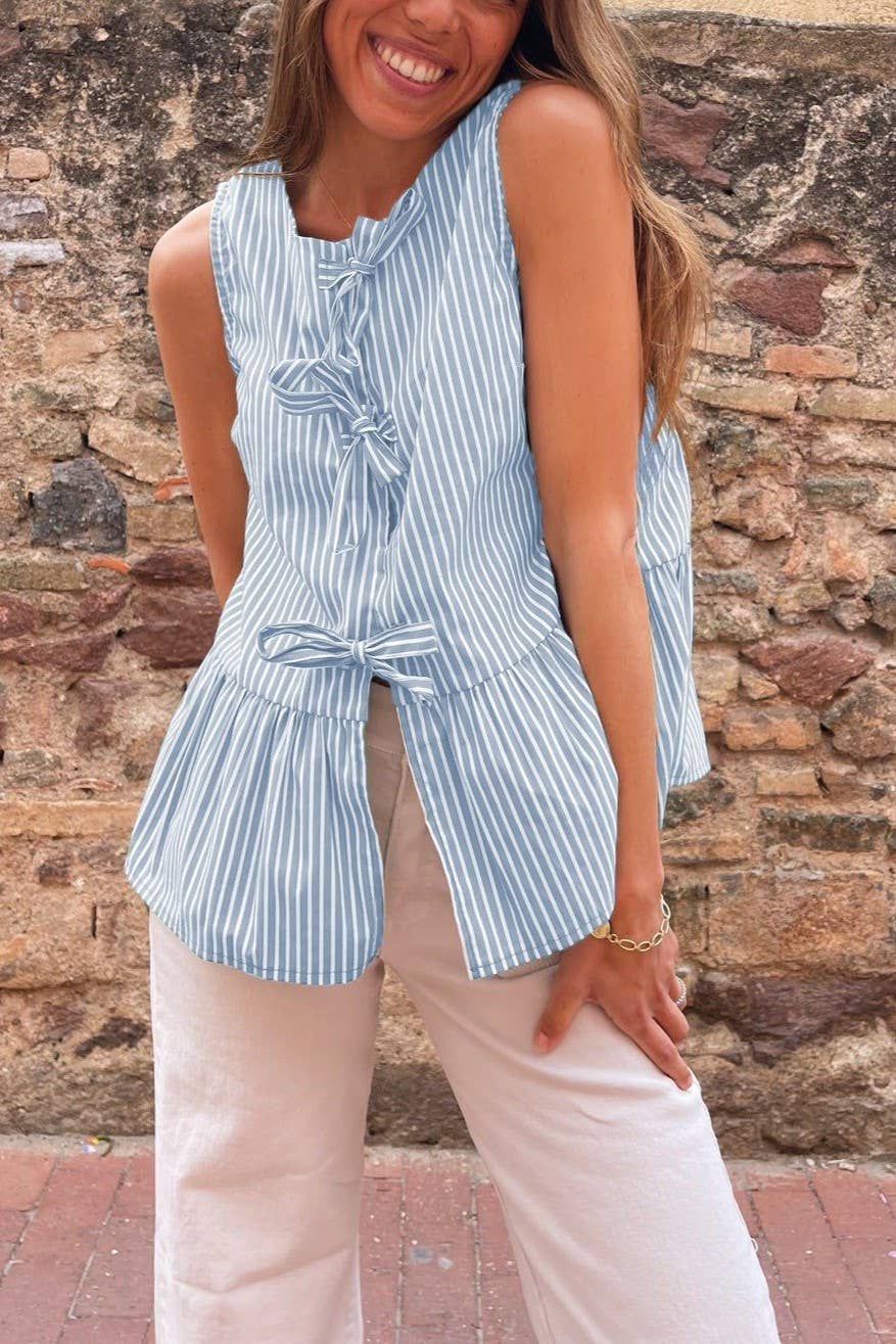 Viral trendy stripe Bow Tie Front Peplum Vest tank top: Blue