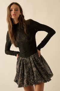 Sheer Lace Drop-Waist Bubble Mini Dress in Black