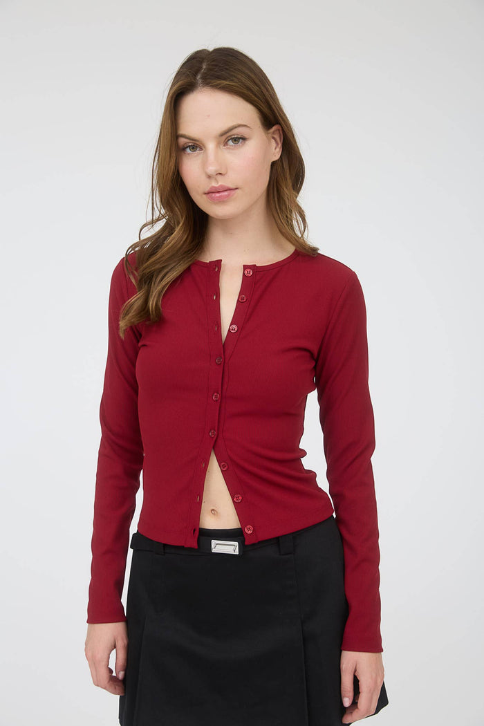 Ribbed Long Sleeve Button Down Knit Top Deep Red