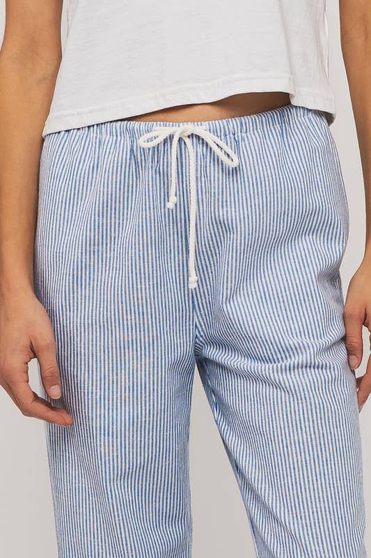 Blue Pinstripe Drawstring Wide Leg Lounge Pants in Blue
