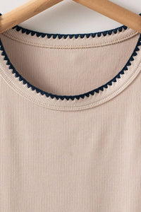 Knit Tank Top With Embroidered Neckline in Mushroom