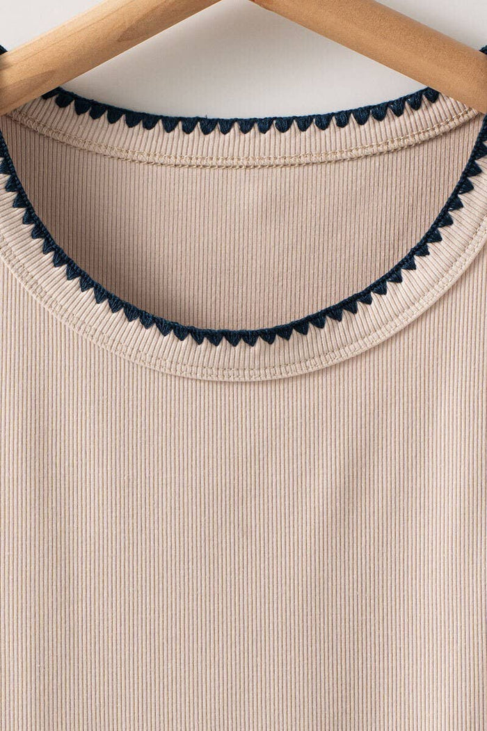 Knit Tank Top With Embroidered Neckline in Mushroom