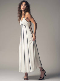Striped White Maxi Dress with Contrast Piping in White/Black