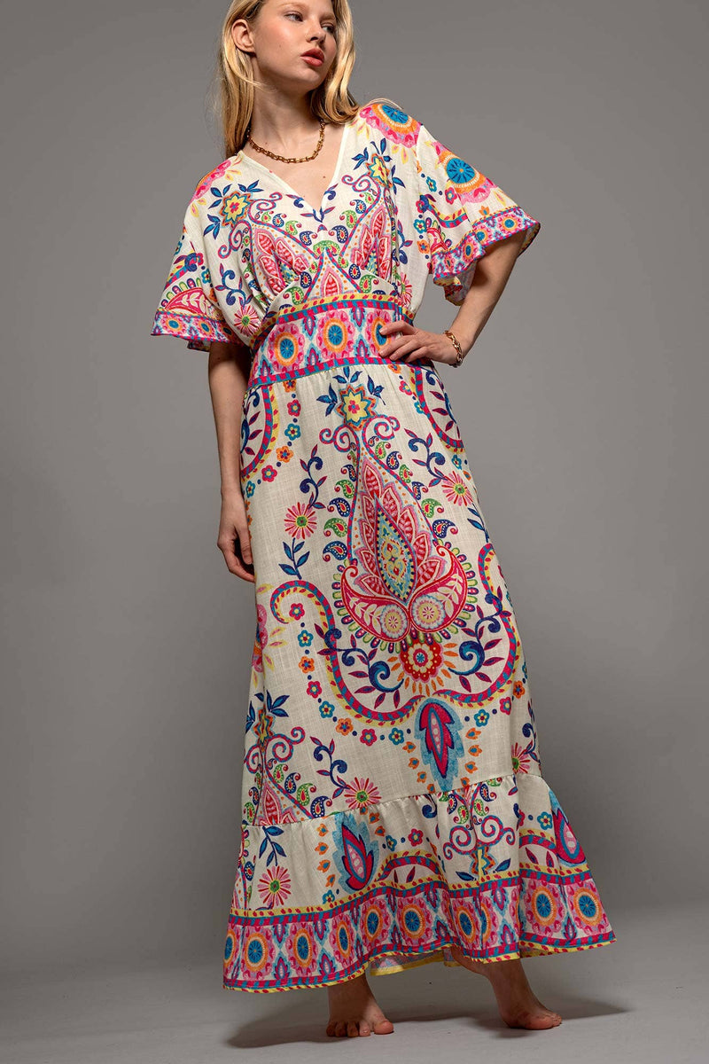 Paisley Flutter Sleeve Smocked Dress in Ivory