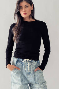 Solid Knit Casual Long Sleeve Top in Black