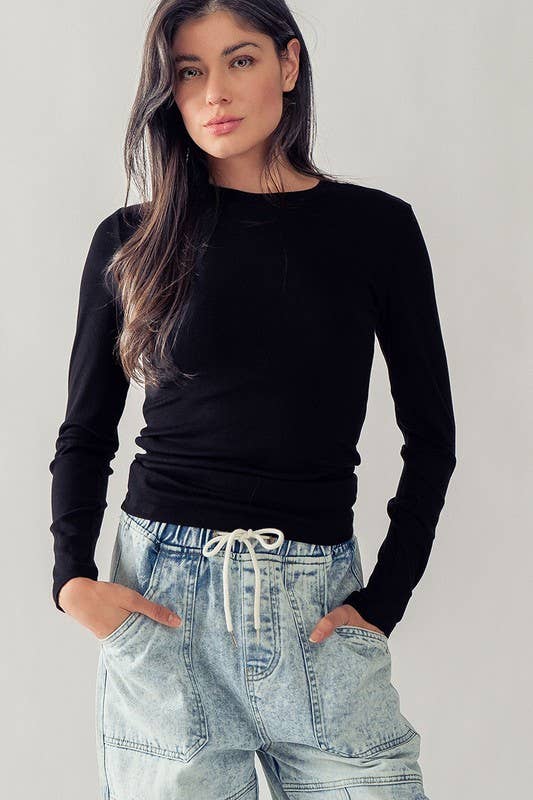 Solid Knit Casual Long Sleeve Top in Black