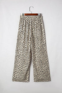 Leopard Drawstring Elastic Waist Pants: Brown
