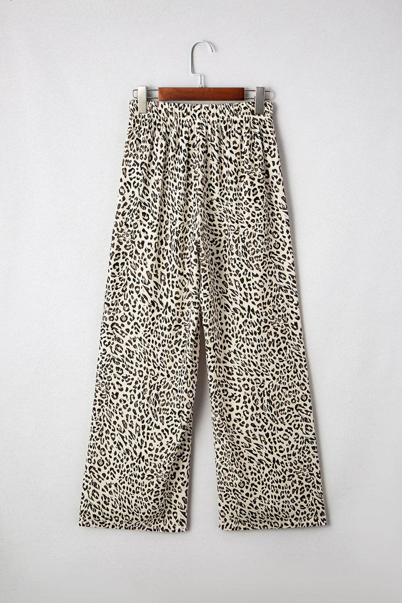 Leopard Drawstring Elastic Waist Pants: Brown