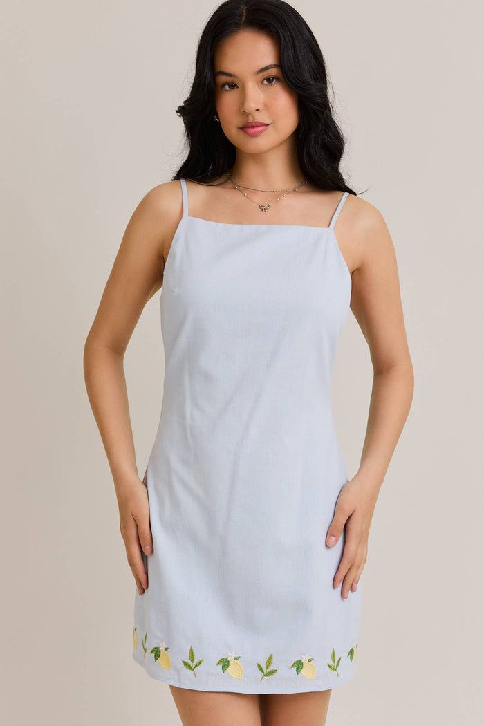 Lemon Embroidered Detail Spaghetti Strap Mini Dress