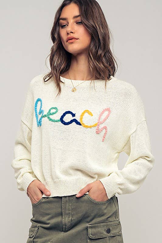 Beach Embroidered Crochet Knit Sweater in Ivory