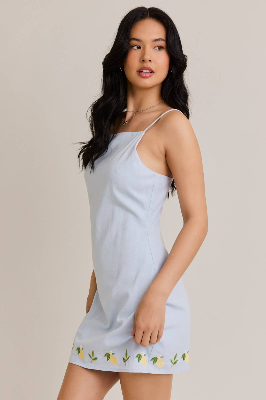 Lemon Embroidered Detail Spaghetti Strap Mini Dress