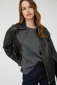 Washed Faux Leather Collared Zip Up Jacket in Black
