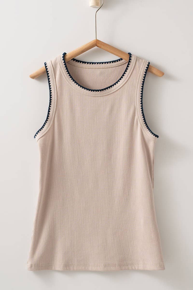 Knit Tank Top With Embroidered Neckline in Mushroom