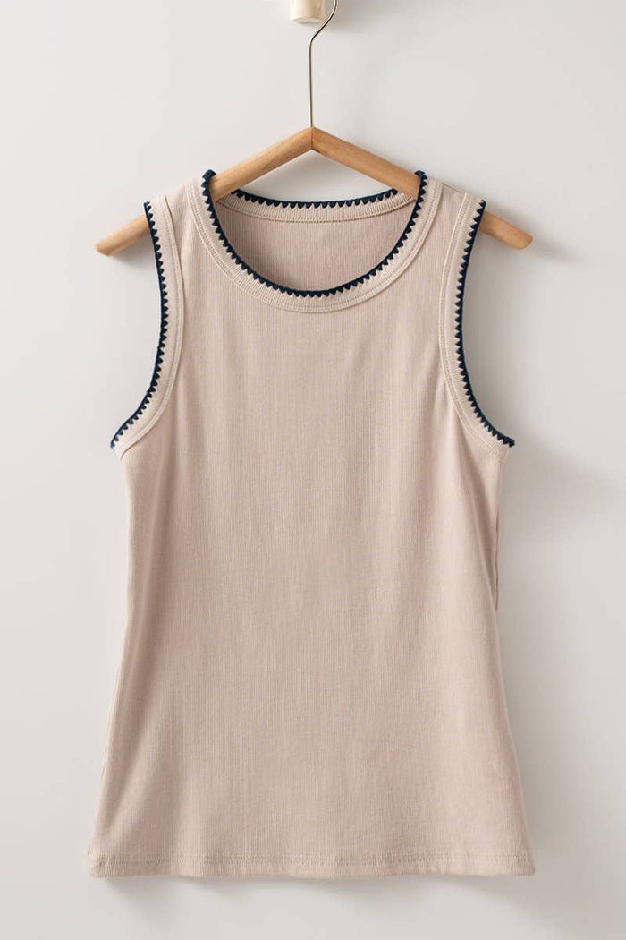 Knit Tank Top With Embroidered Neckline in Mushroom