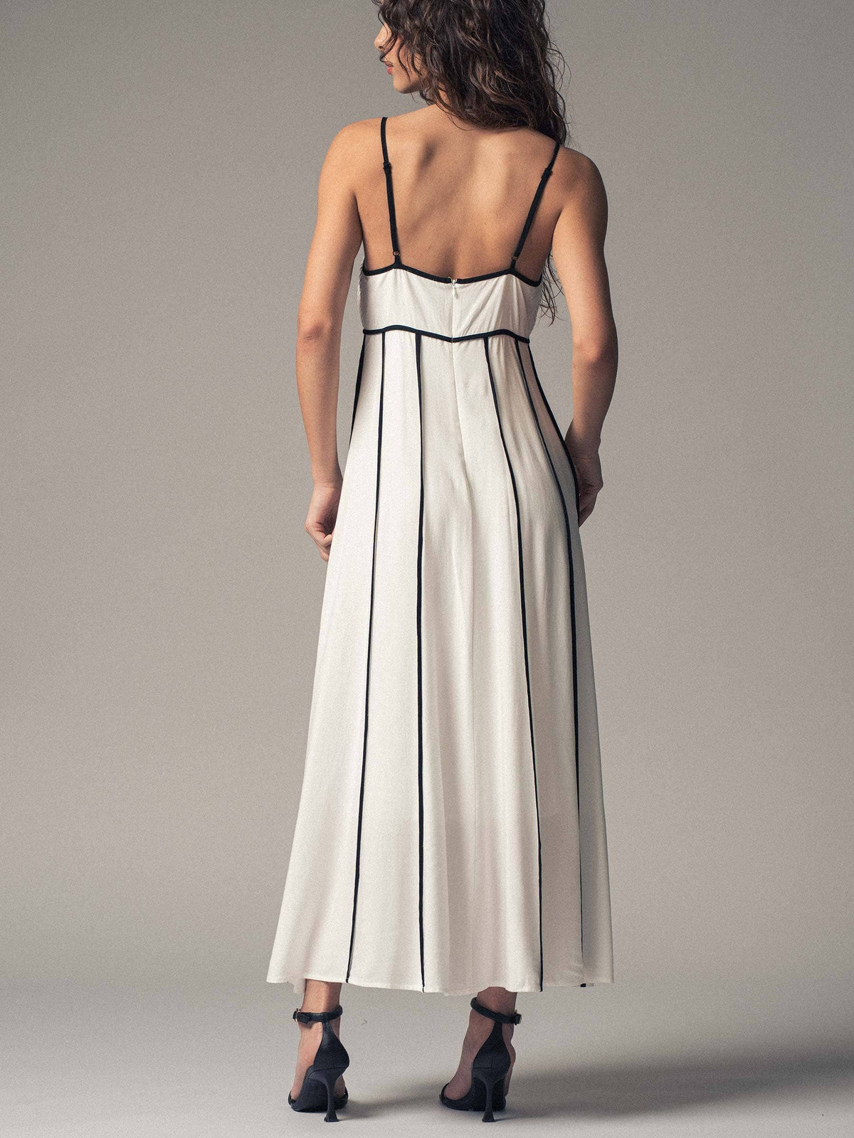 Striped White Maxi Dress with Contrast Piping in White/Black